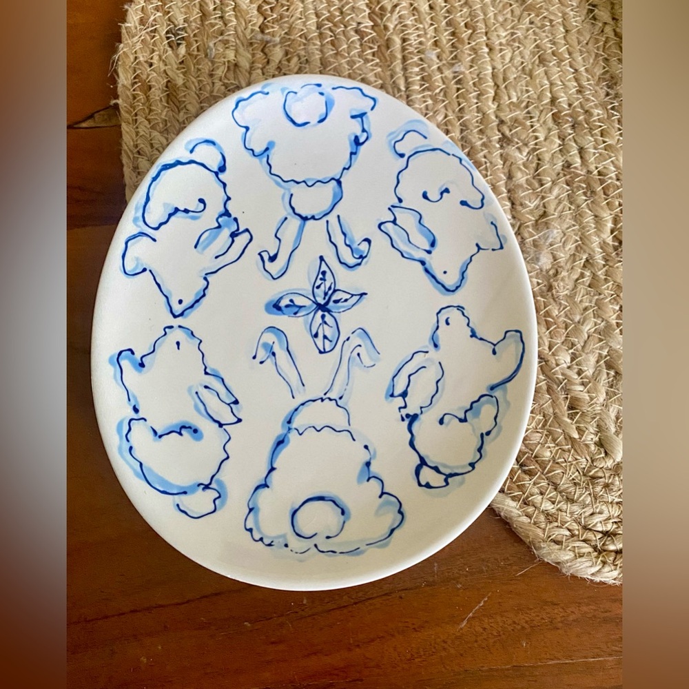 Hand-Painted White Ceramic Plate with Blue Rabbit Motif